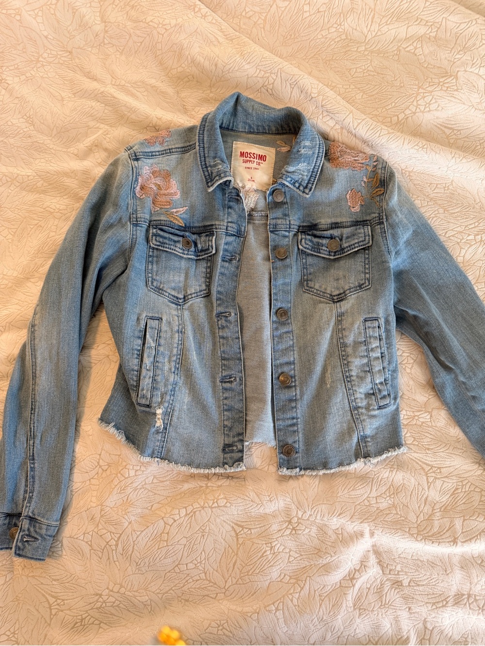 Mossimo Supply Co. Light Blue Denim Jacket with Pink Floral Embroidery
